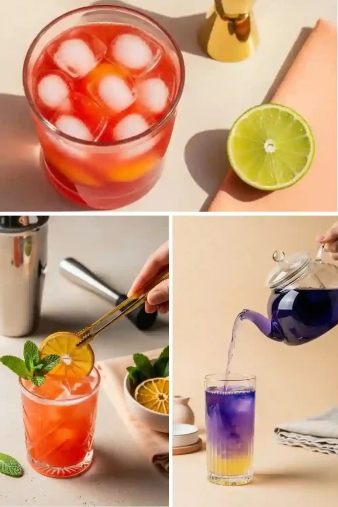 Three-step viral drink formula: iced citrus cocktail, creative garnish, butterfly pea tea transformation