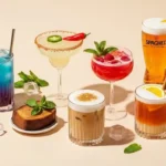 Colorful viral drinks including butterfly pea lemonade, jalapeño margarita, raspberry mocktail, banana bread latte, and Spaghett cocktail