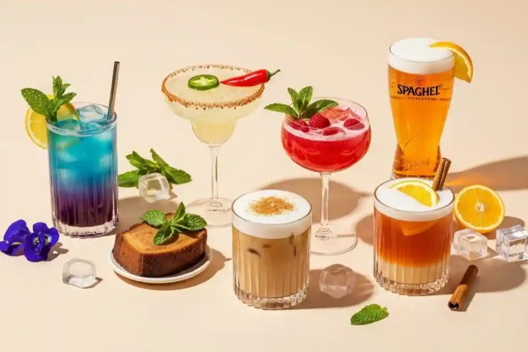 Colorful viral drinks including butterfly pea lemonade, jalapeño margarita, raspberry mocktail, banana bread latte, and Spaghett cocktail