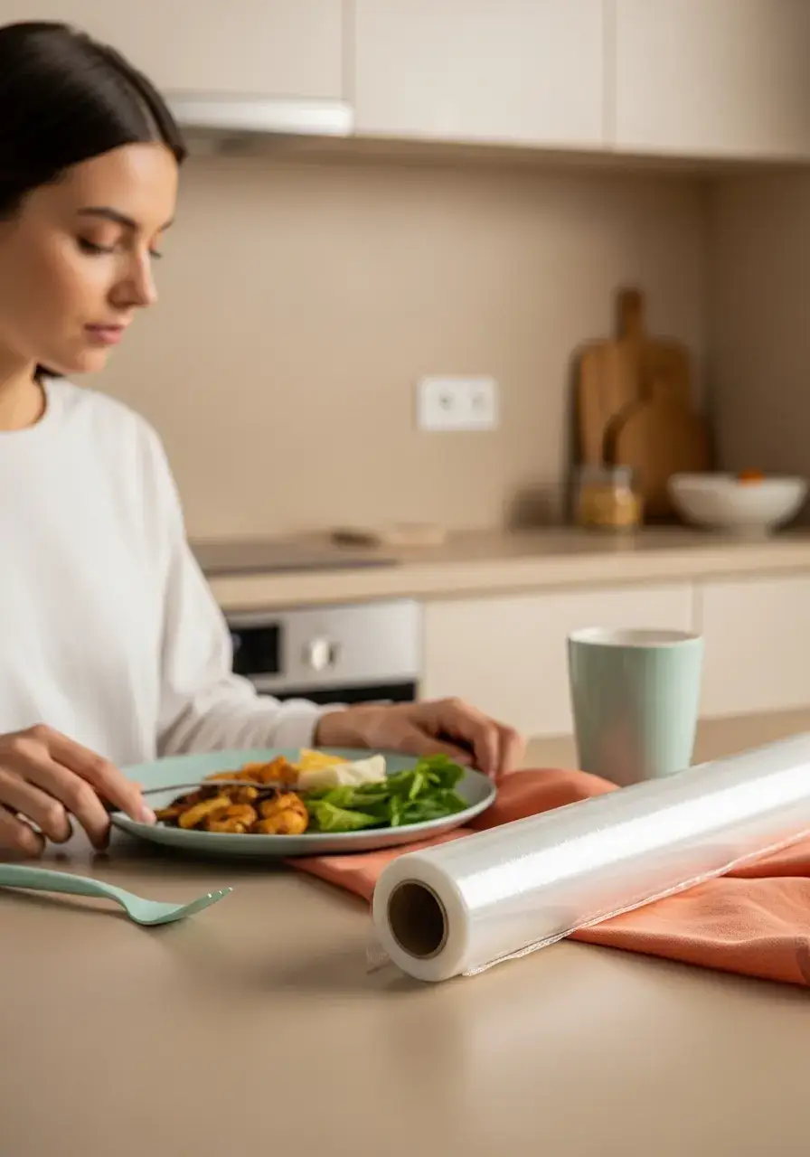 What Is the Plastic Wrap Diet? plastic wrap diet explanation showing food and plastic wrap on table