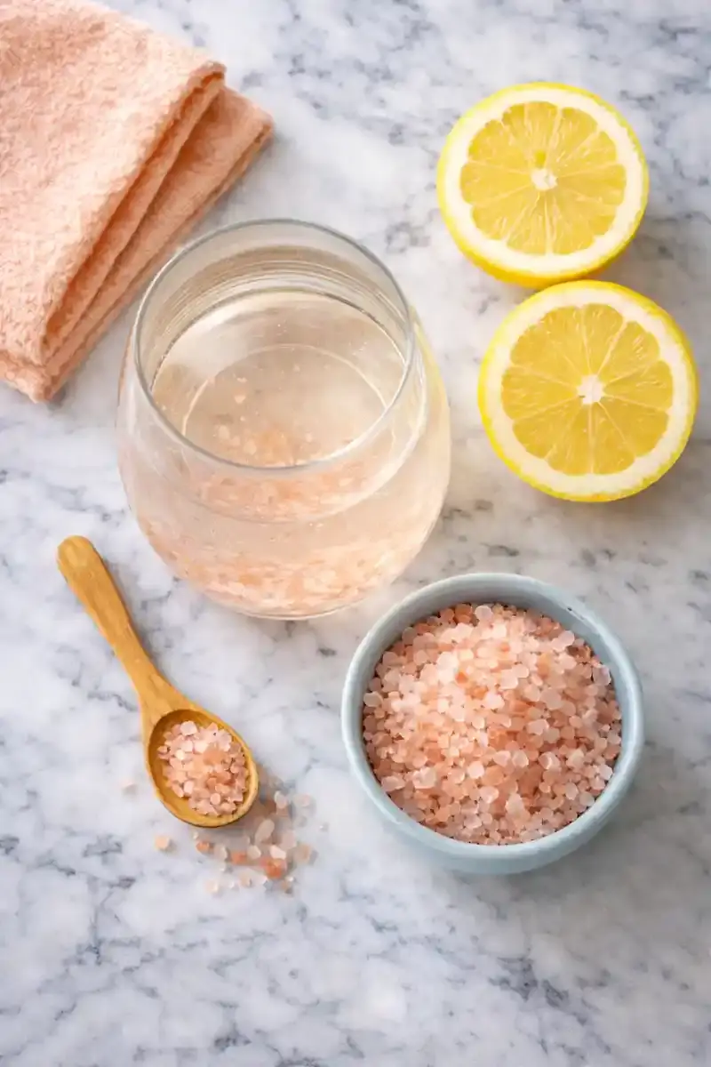 Ingredients for Pink Salt Drink ingredients for pink salt drink including Himalayan pink salt lemon and water