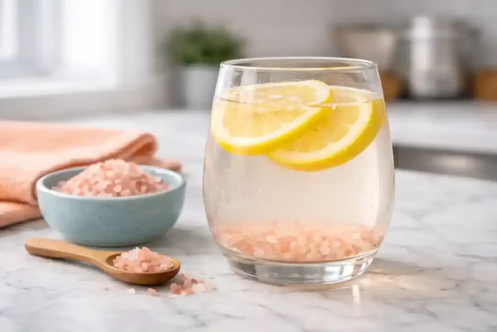 pink salt drink with lemon slices and Himalayan pink salt crystals in a round glass
