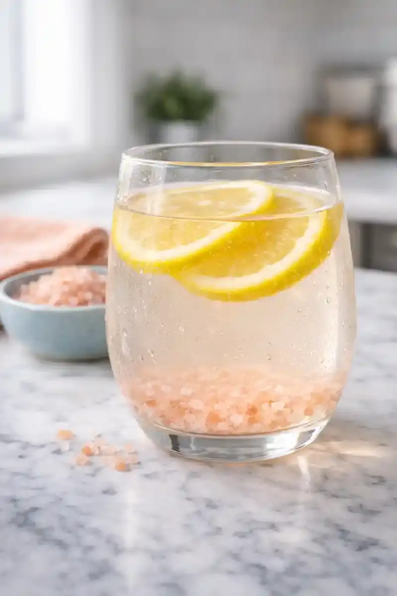 Pink Salt Lemon Water Hydration Drink pink salt lemon water hydration drink in round glass